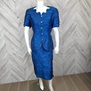 VTG 80s Skirt Suit Set Glam Power Cocktail Party Business Blue Rhinestone M/L